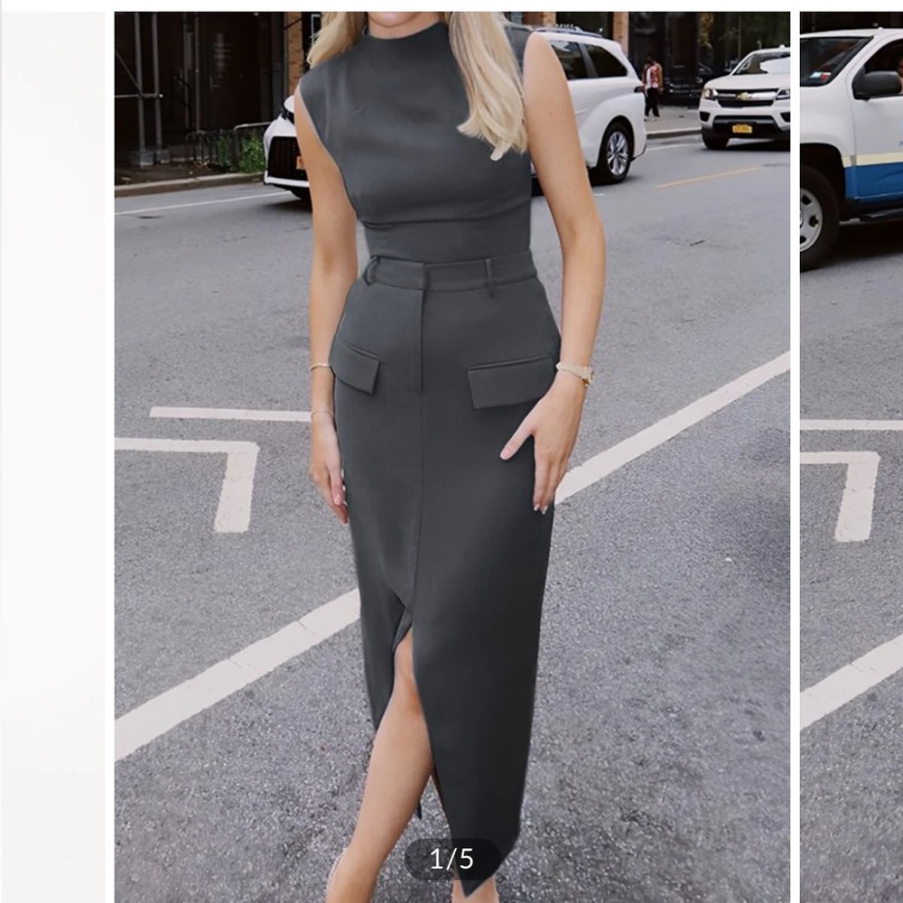 Commense Top and Split-front Solid Midi Skirt